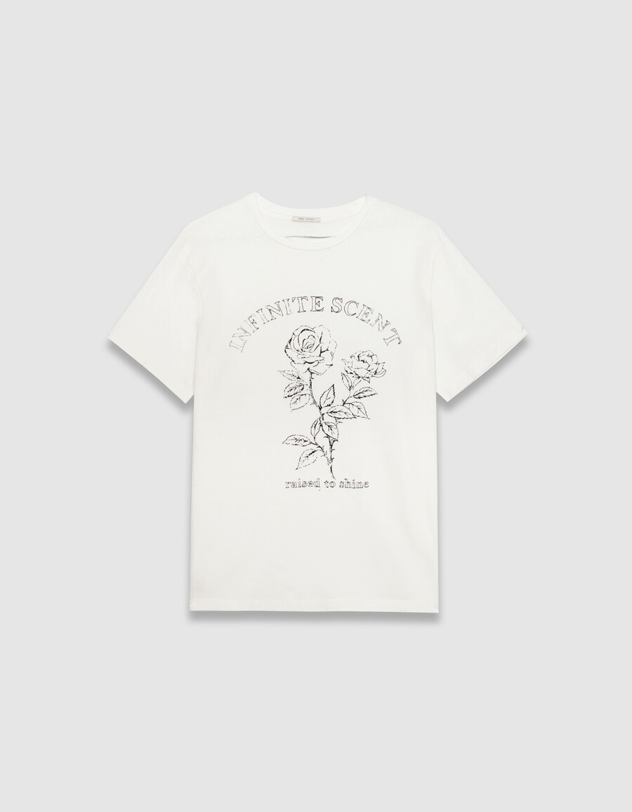 weißes damen-t-shirt aus bio-baumwolle mit slogan und rosen