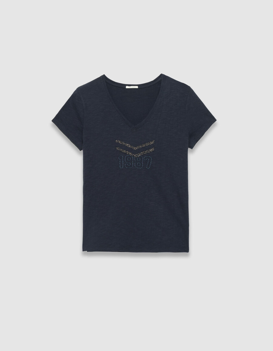 damen-t-shirt aus marineblauer bio-baumwolle mit gestickten winkeln