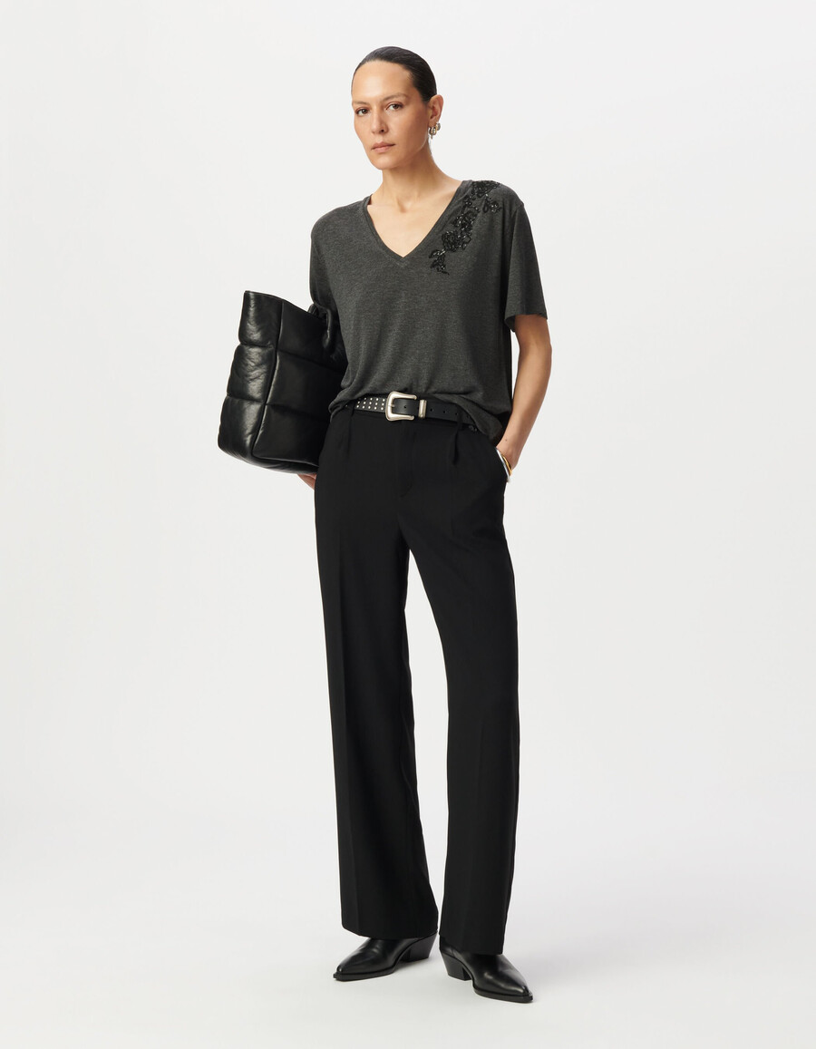 graues damen-t-shirt mit pailletten-stickerei und blumen