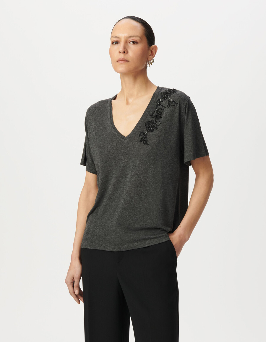 graues damen-t-shirt mit pailletten-stickerei und blumen