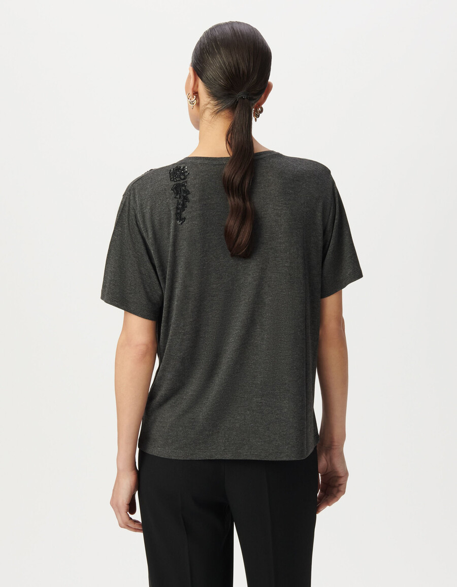 graues damen-t-shirt mit pailletten-stickerei und blumen