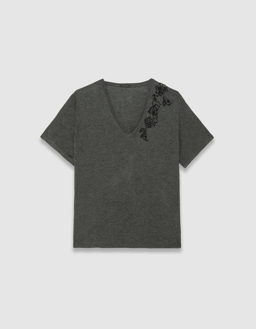 graues damen-t-shirt mit pailletten-stickerei und blumen