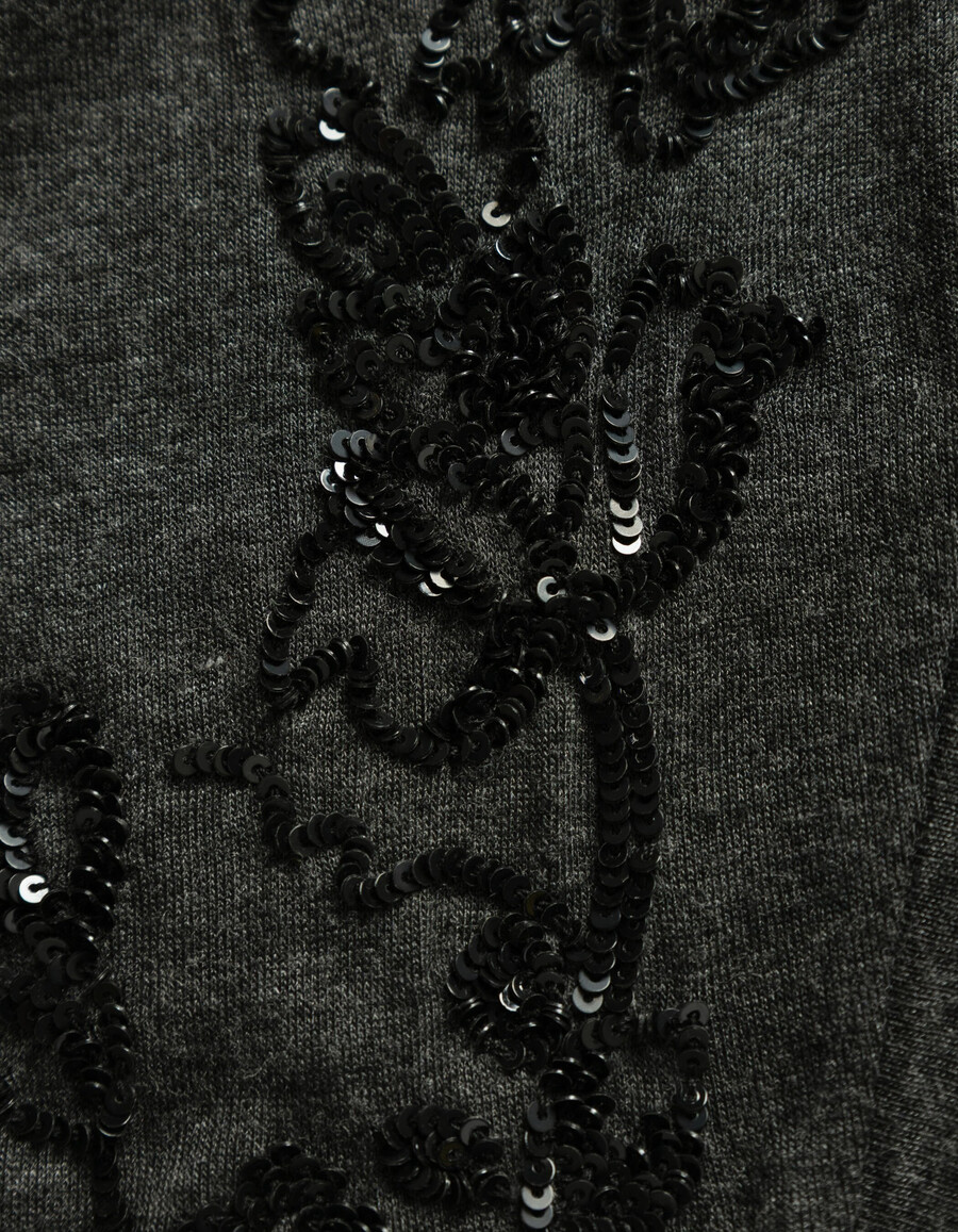 graues damen-t-shirt mit pailletten-stickerei und blumen