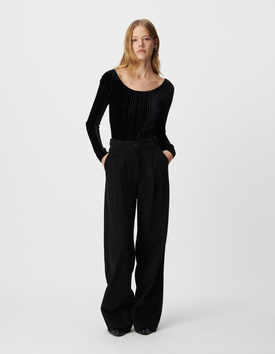schwarzer plissierter samtstrickbody für damen