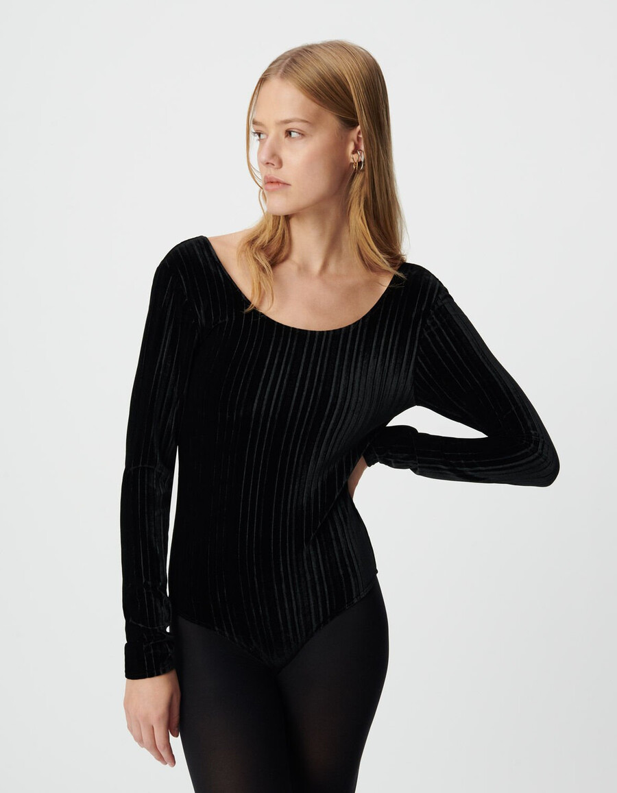 schwarzer plissierter samtstrickbody für damen