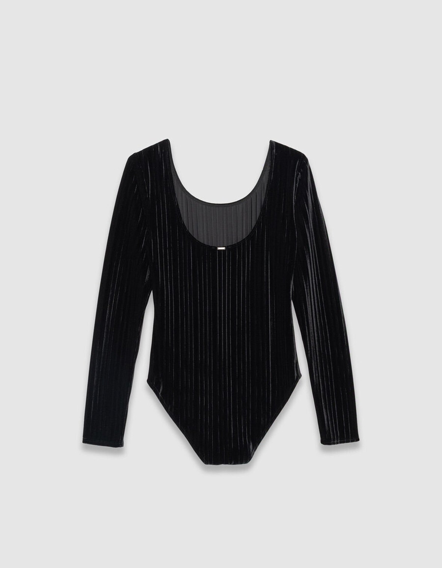 schwarzer plissierter samtstrickbody für damen