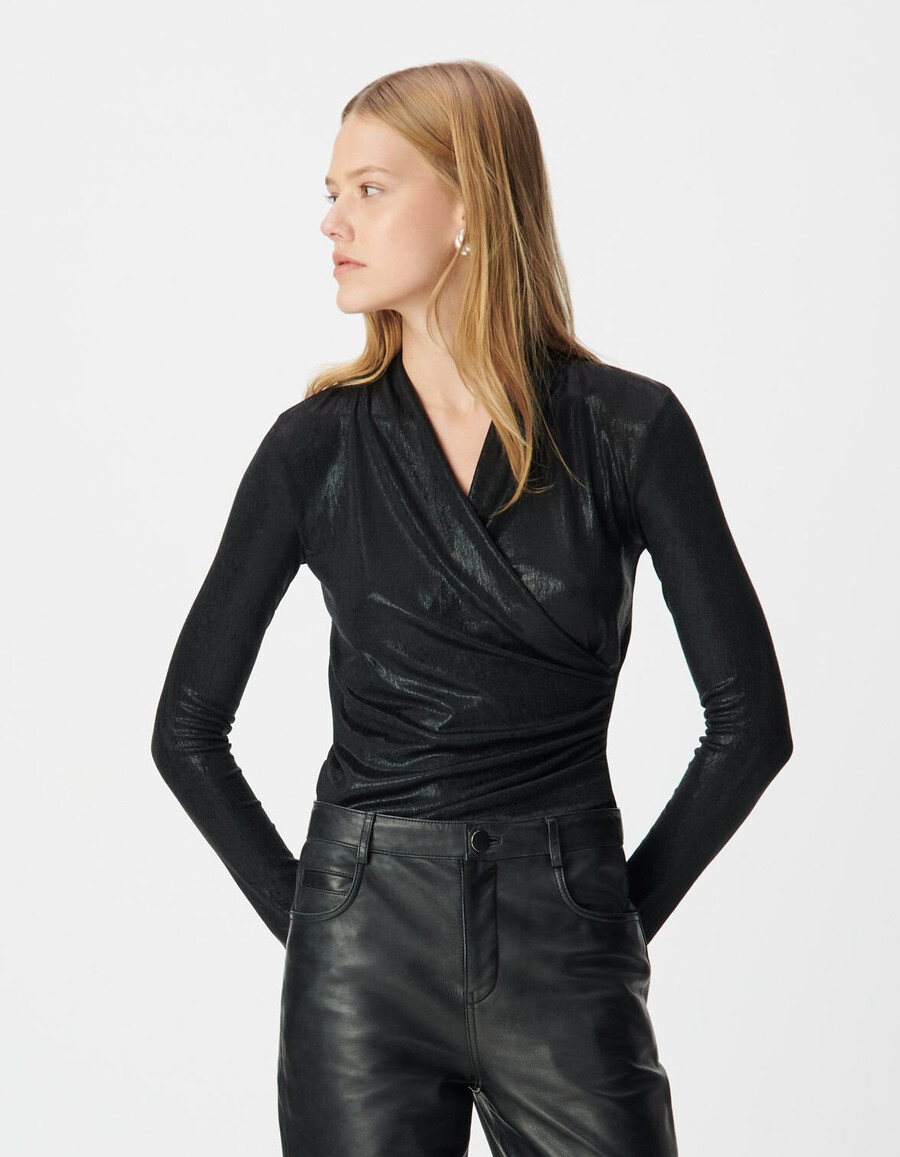 schwarzes lamé-wickelshirt für damen