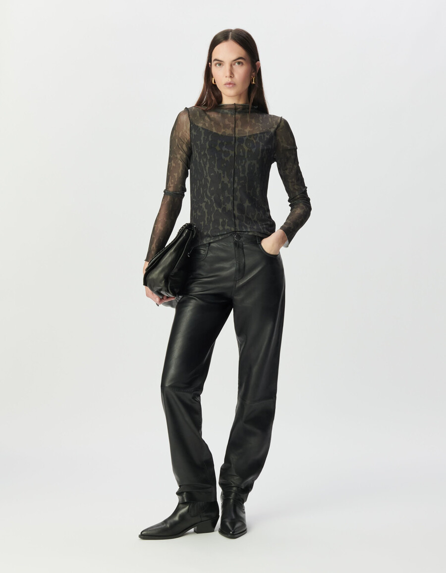 damen-t-shirt aus khakifarbenem mesh mit leopardenmuster
