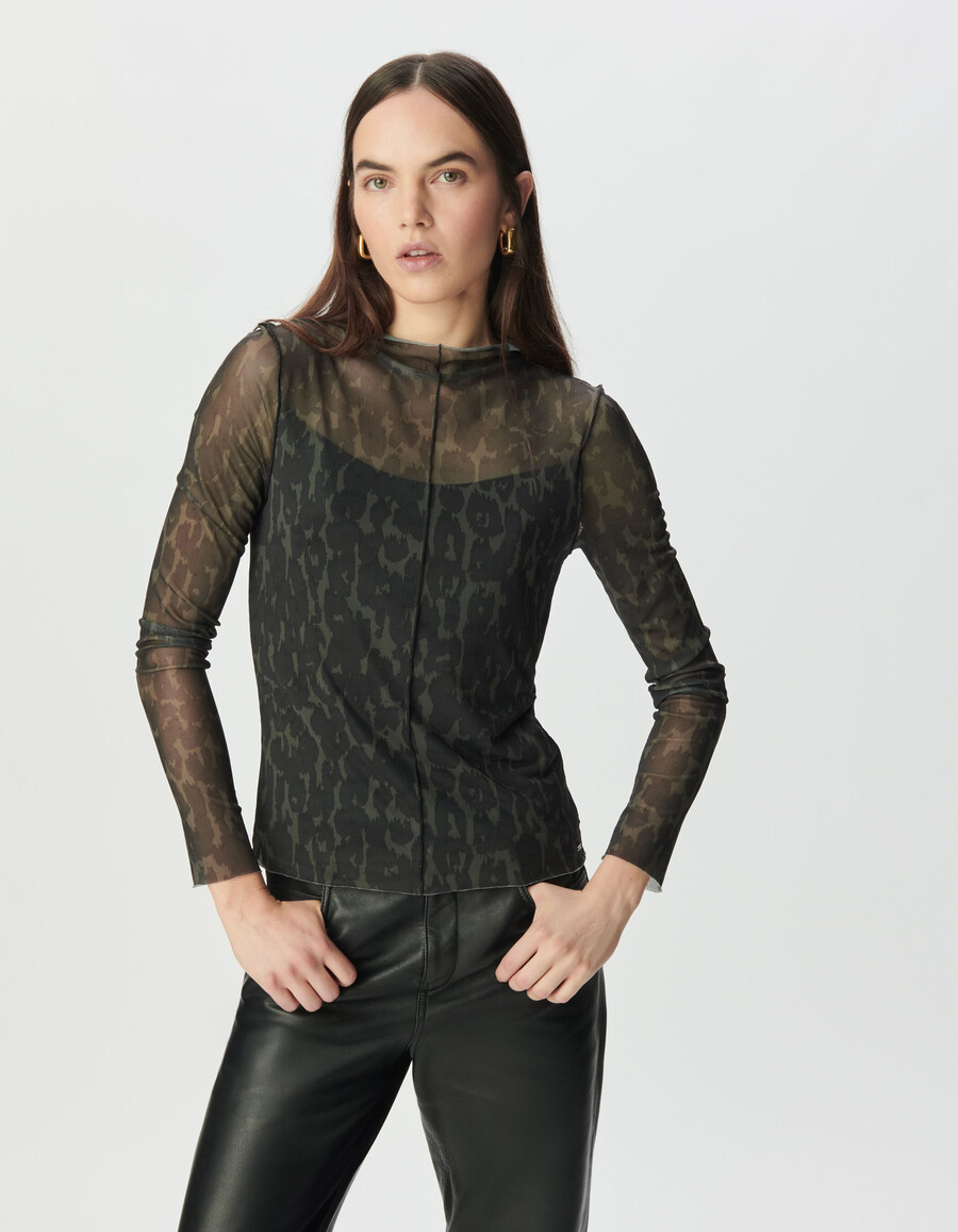 damen-t-shirt aus khakifarbenem mesh mit leopardenmuster