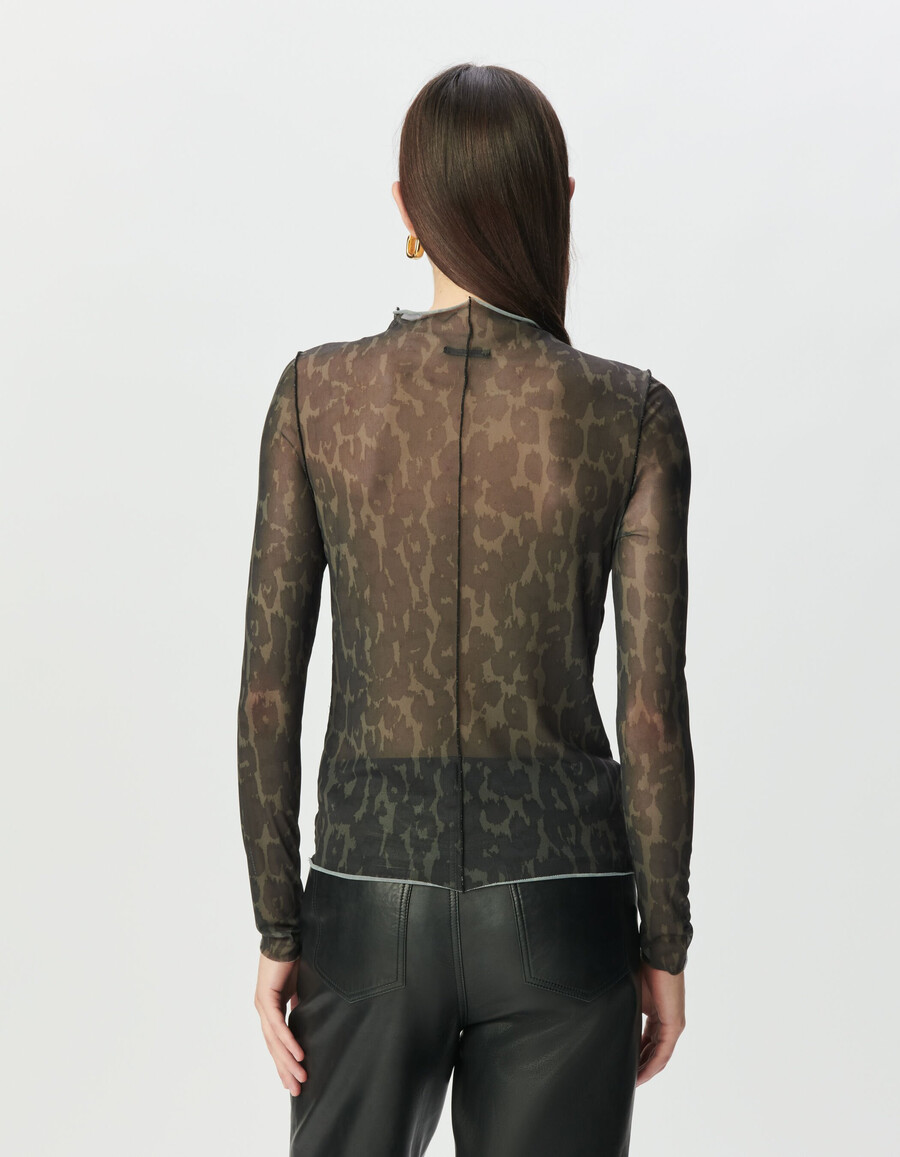 damen-t-shirt aus khakifarbenem mesh mit leopardenmuster