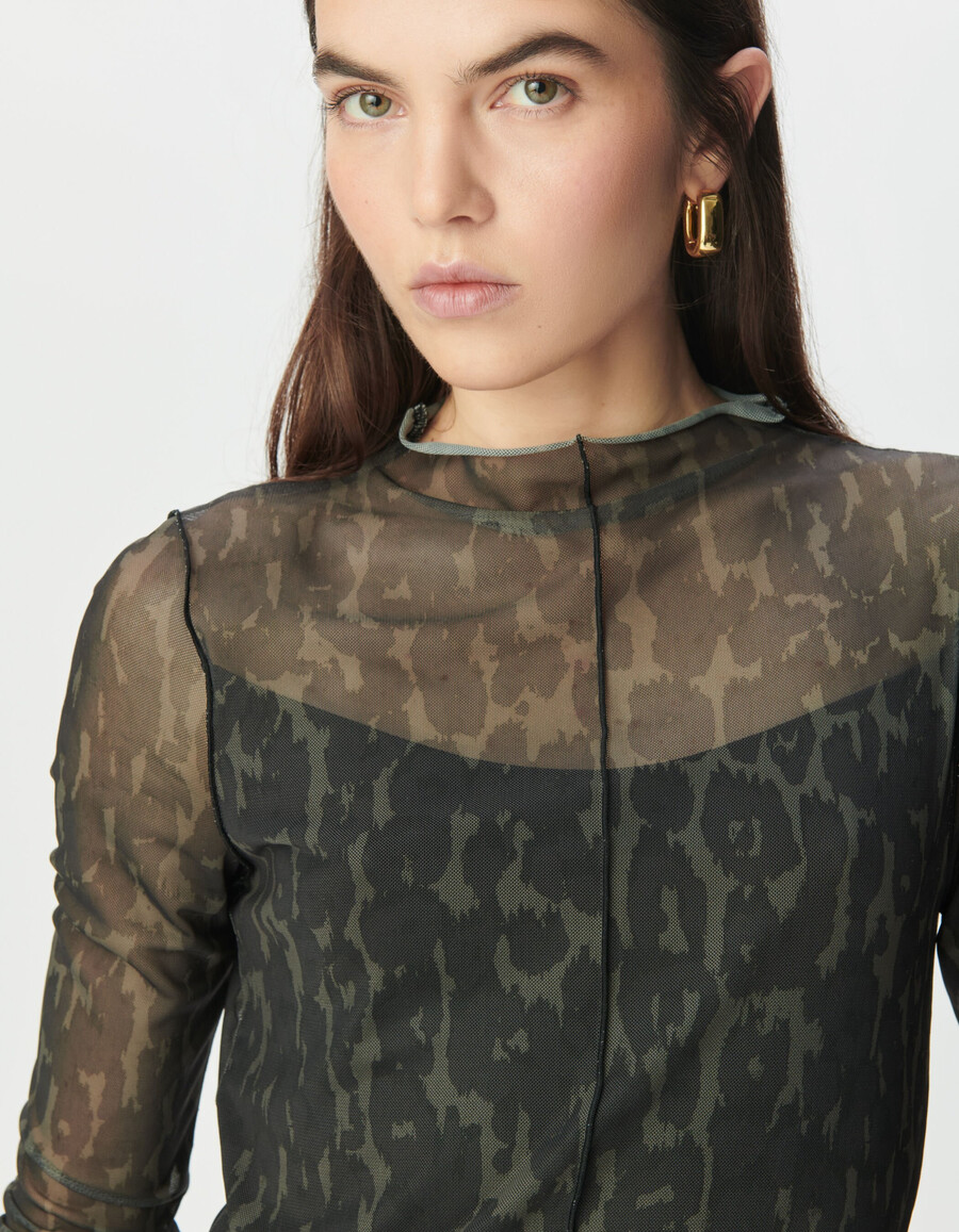 damen-t-shirt aus khakifarbenem mesh mit leopardenmuster