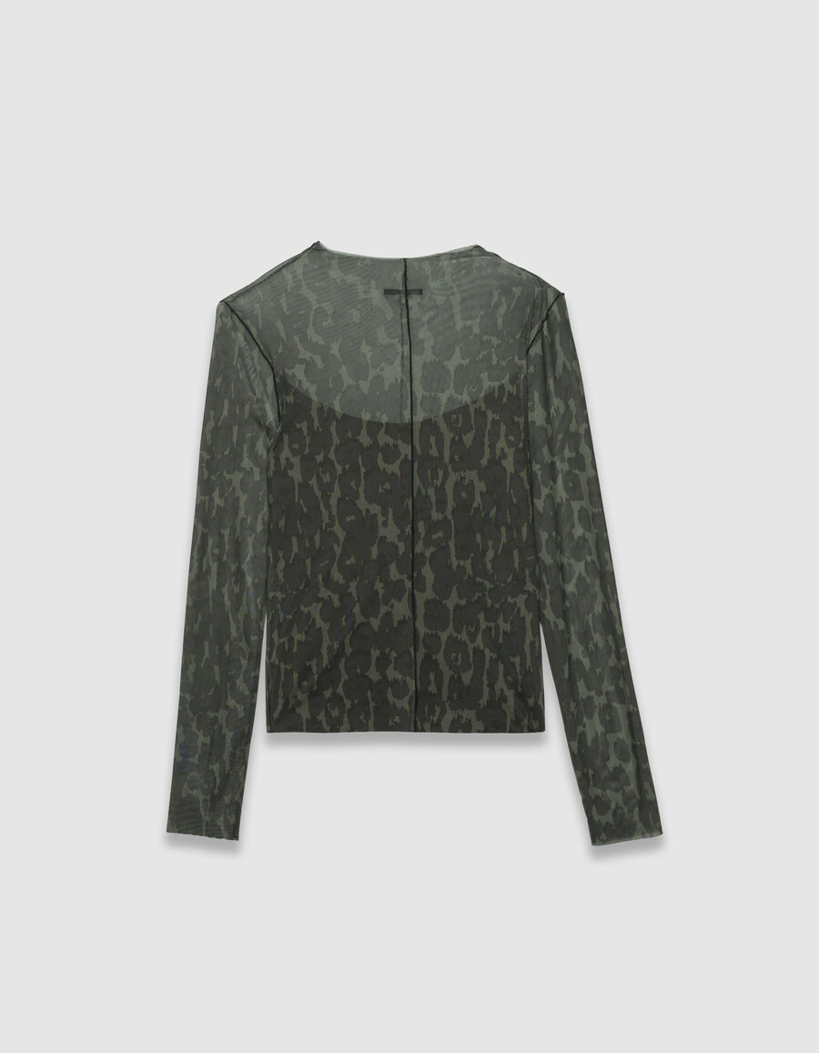 damen-t-shirt aus khakifarbenem mesh mit leopardenmuster