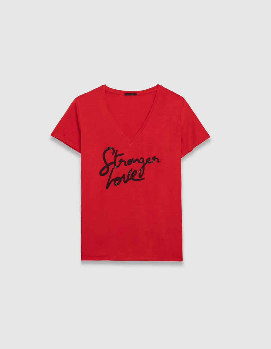 rotes damen-t-shirt mit kurzen ärmeln und gesticktem slogan