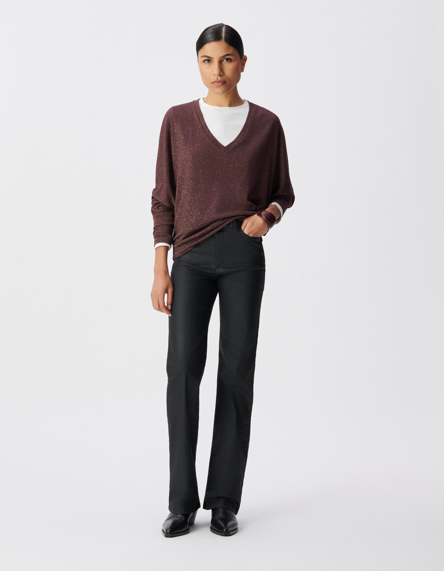 damen-t-shirt aus burgunderrotem lurex mit fledermausärmeln