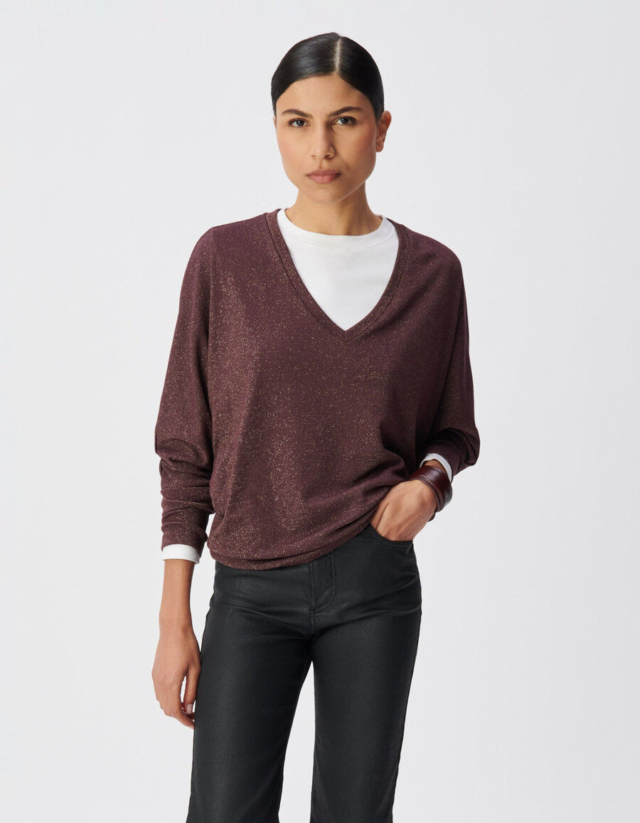 damen-t-shirt aus burgunderrotem lurex mit fledermausärmeln