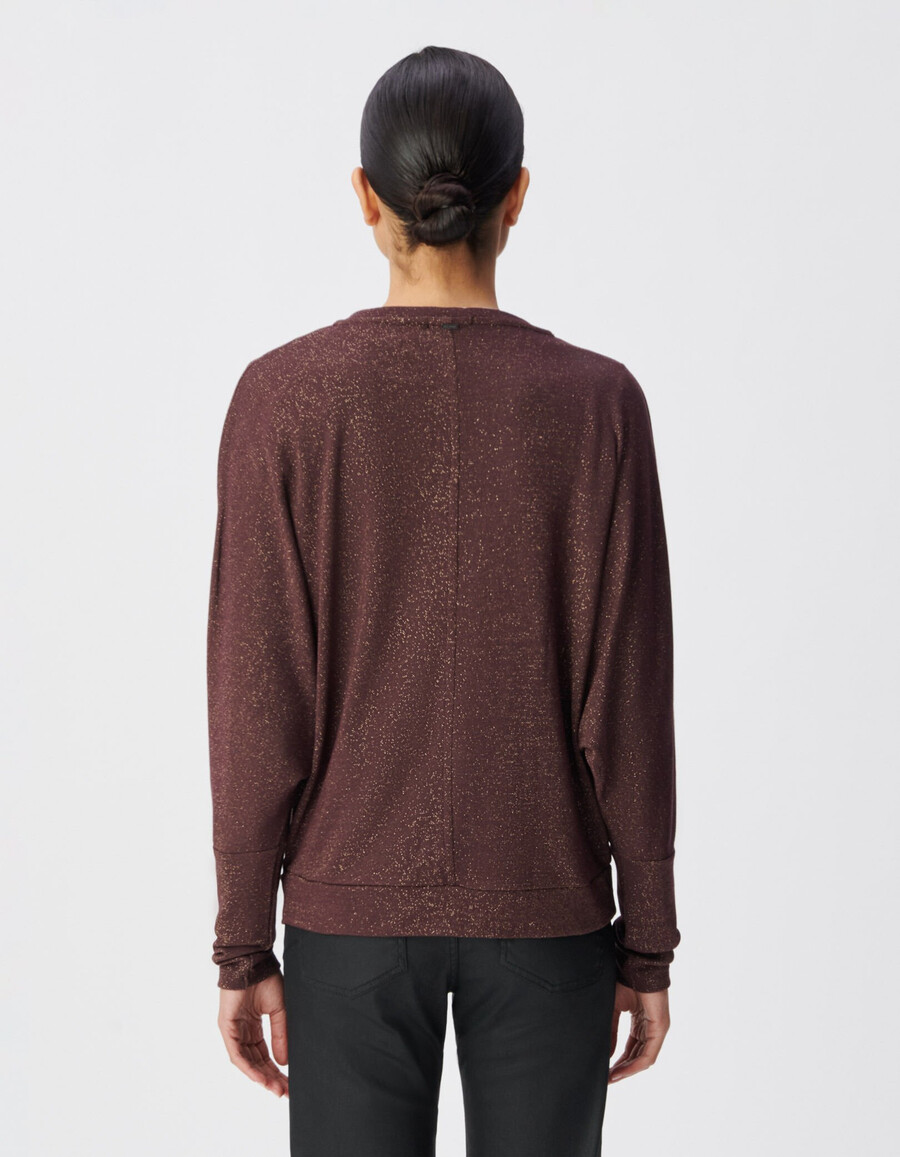 damen-t-shirt aus burgunderrotem lurex mit fledermausärmeln