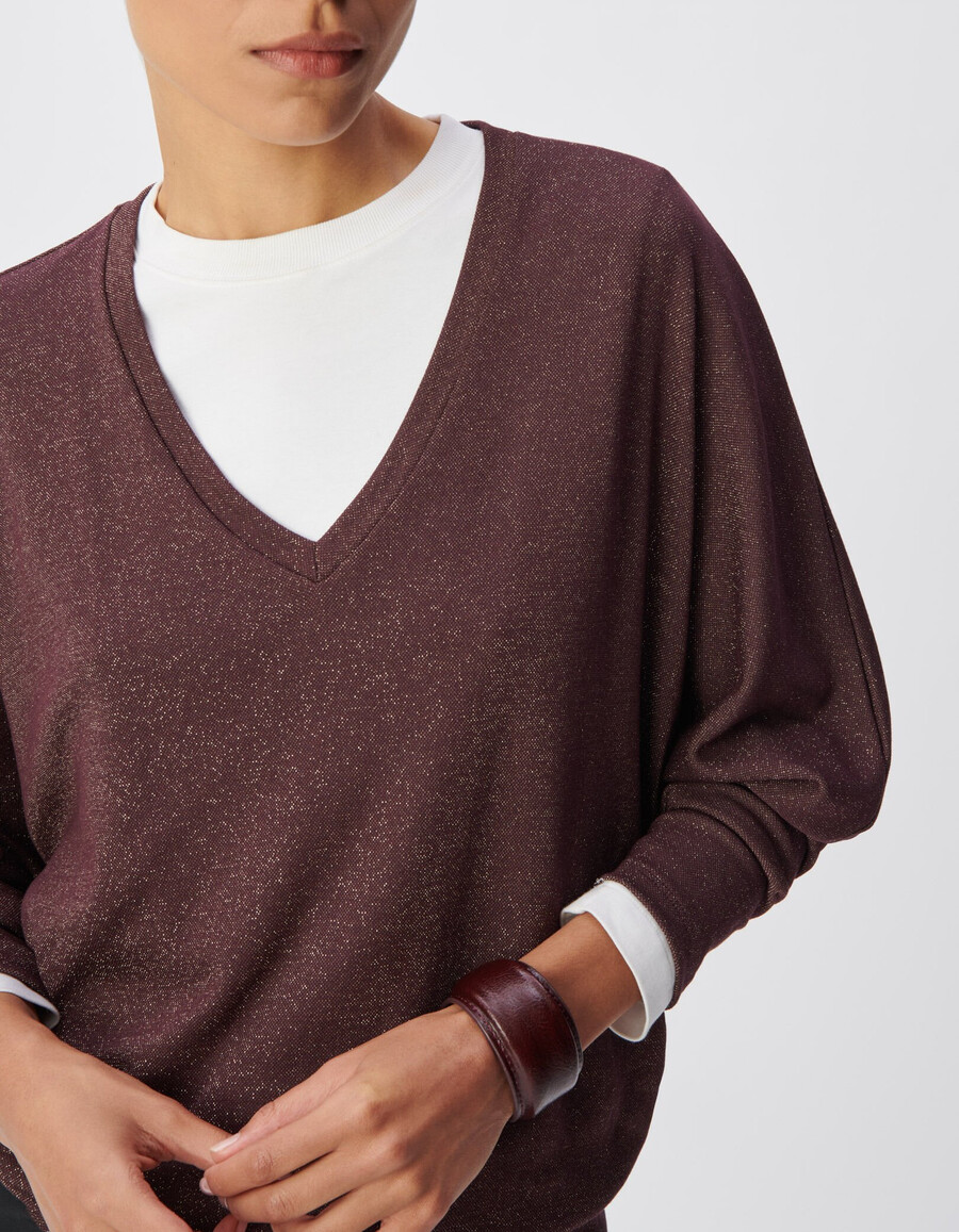 damen-t-shirt aus burgunderrotem lurex mit fledermausärmeln
