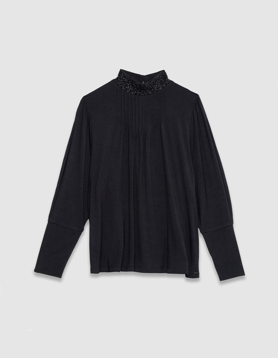 schwarzes langarmshirt mit schmuckkragen für damen