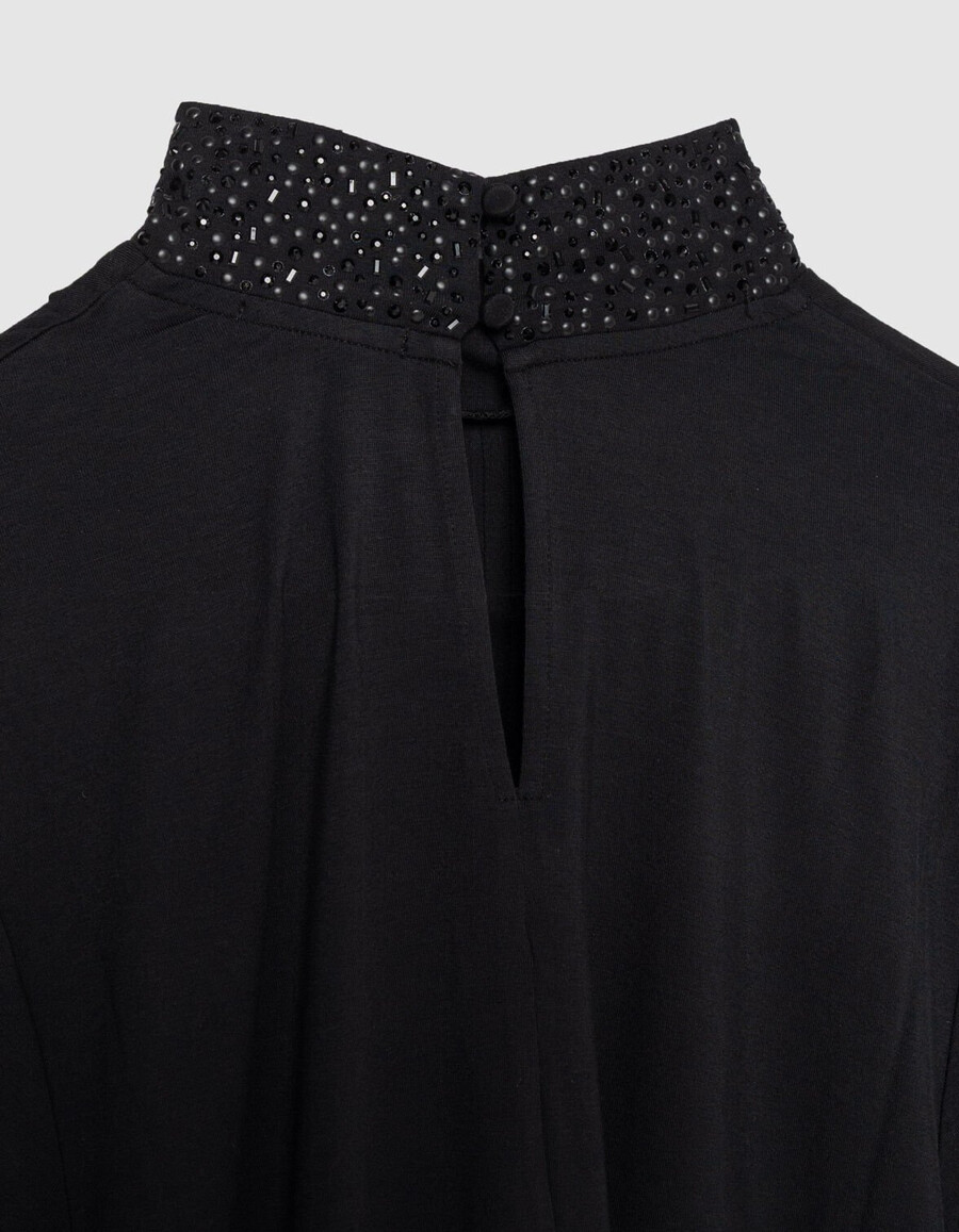 schwarzes langarmshirt mit schmuckkragen für damen