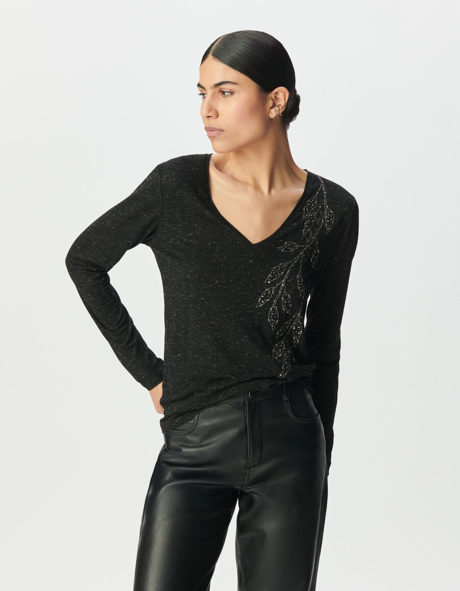 schwarzes glitzerndes damen-t-shirt mit gestickten blumen