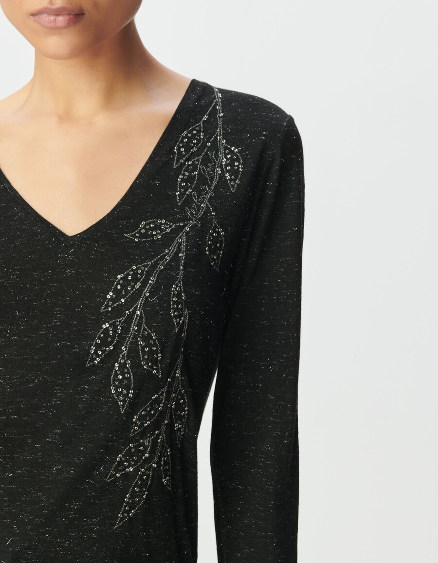 schwarzes glitzerndes damen-t-shirt mit gestickten blumen