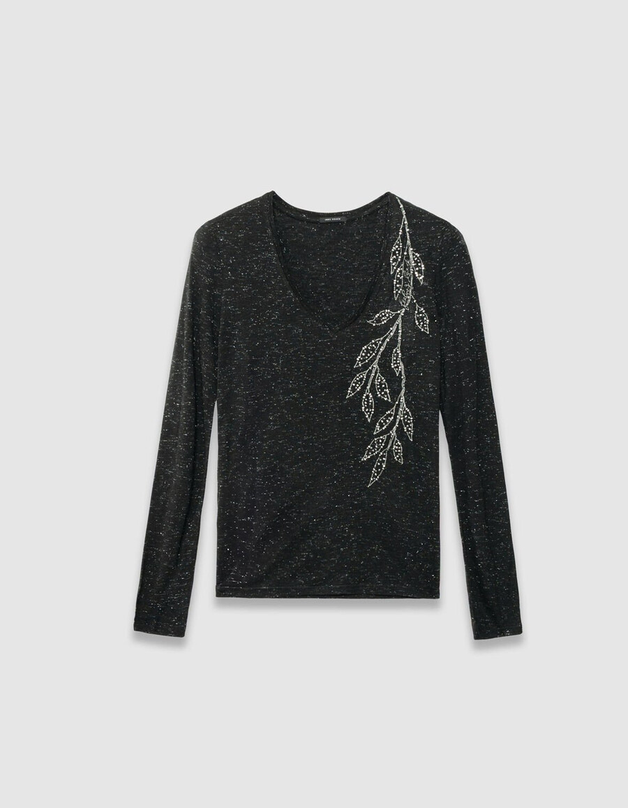 schwarzes glitzerndes damen-t-shirt mit gestickten blumen