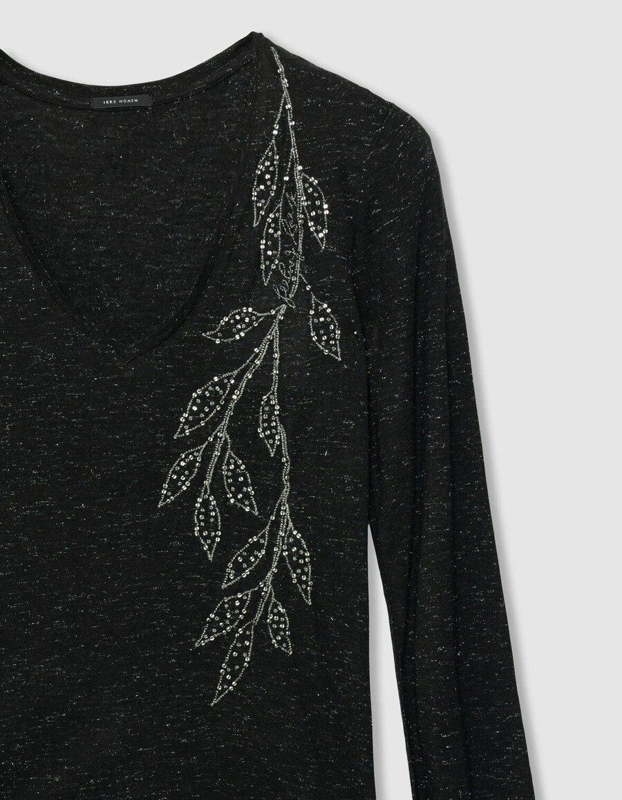 schwarzes glitzerndes damen-t-shirt mit gestickten blumen