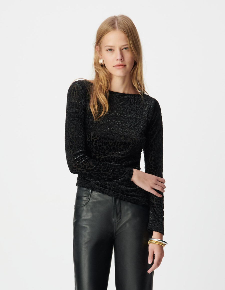 schwarzes samt-t-shirt für damen mit leopardenmuster
