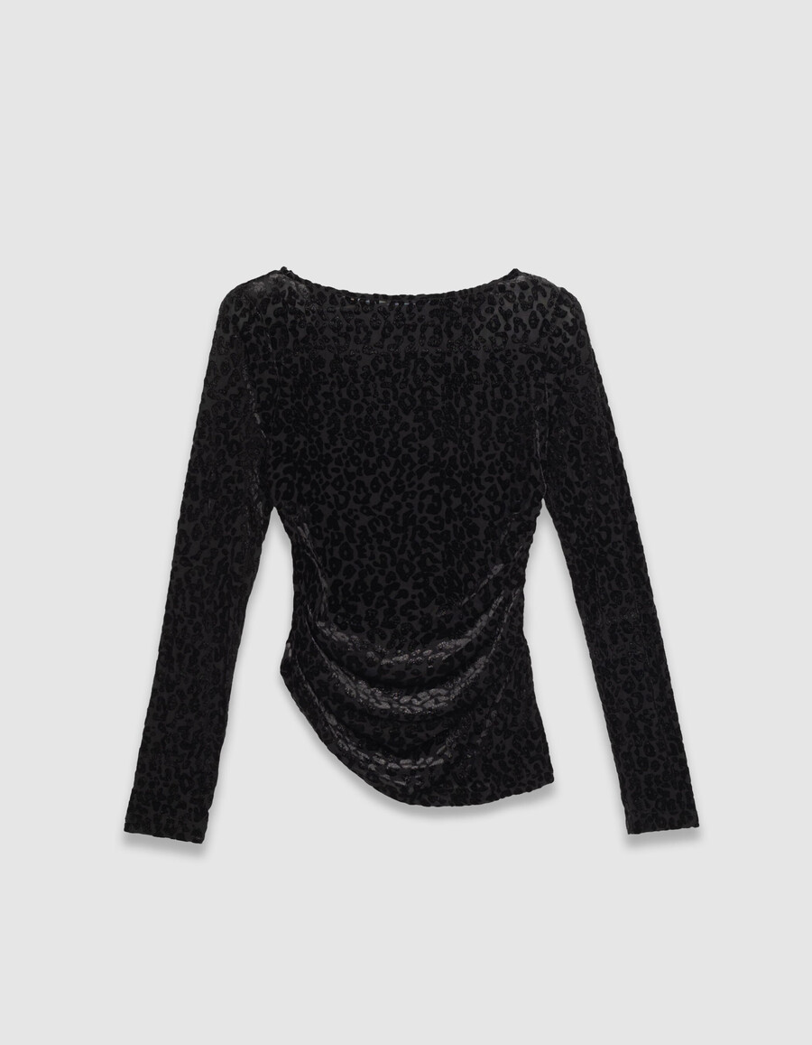 schwarzes samt-t-shirt für damen mit leopardenmuster
