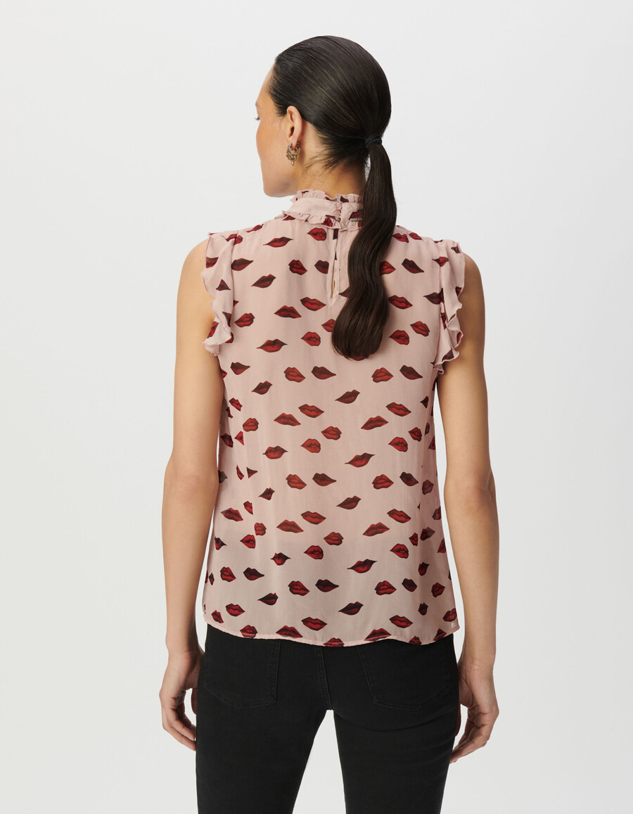 ärmelloses damen-top aus rosa voile mit mehrfarbigem mundmuster