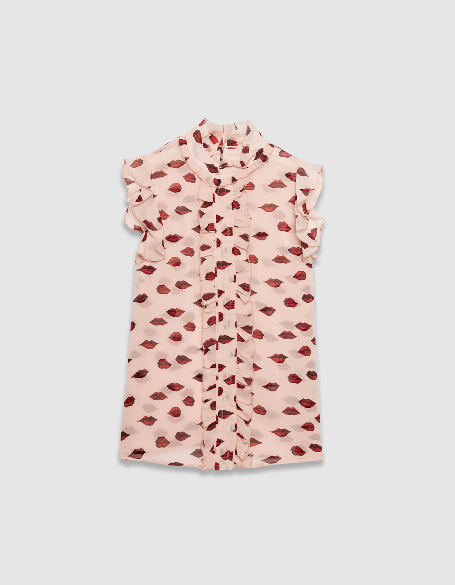 ärmelloses damen-top aus rosa voile mit mehrfarbigem mundmuster