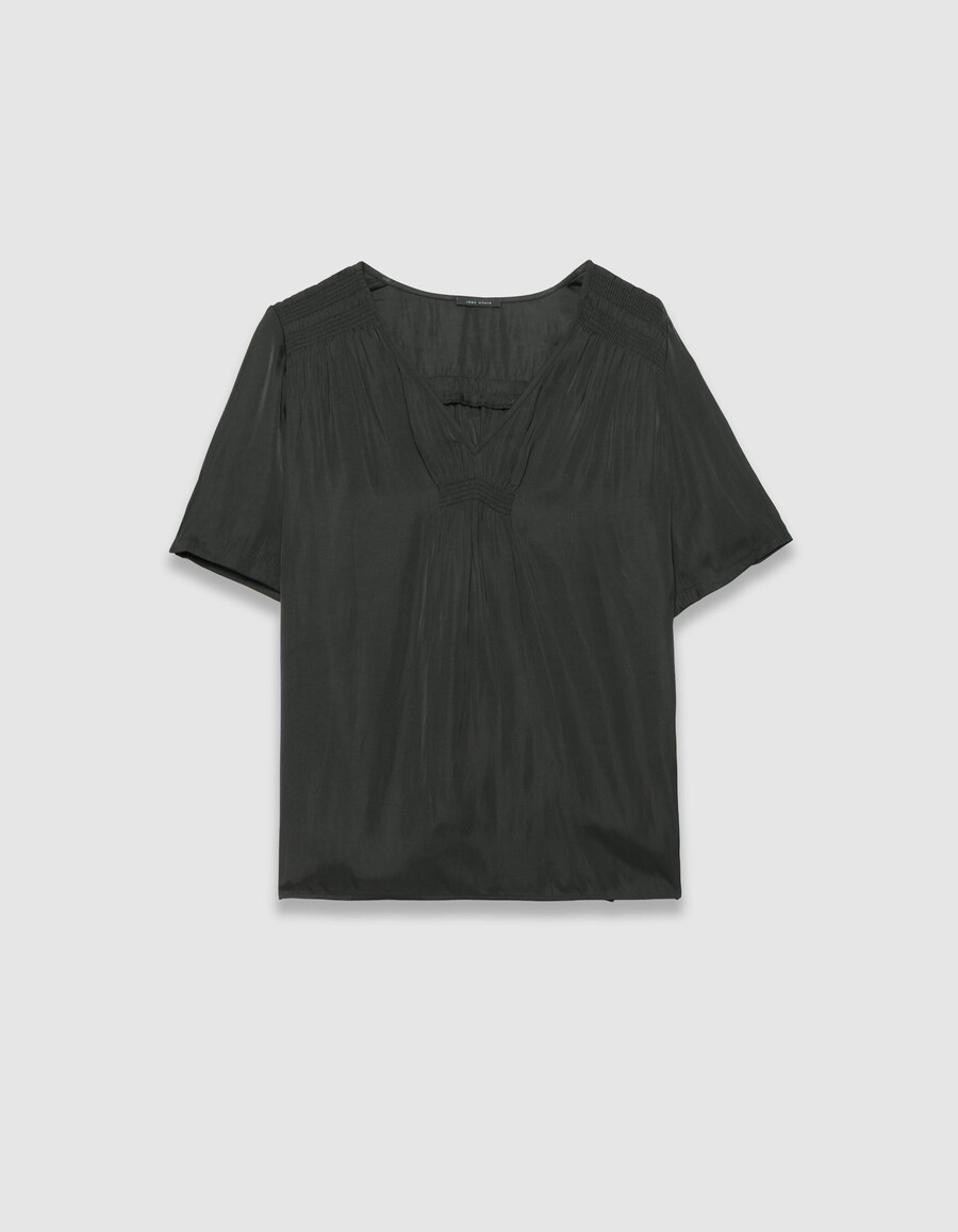 schwarzes kurzärmeliges satin-top für damen mit smokdetails