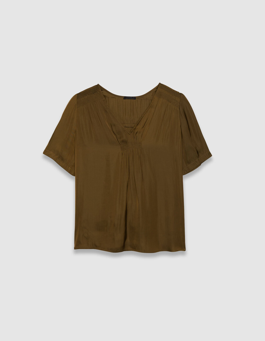 damen-t-shirt aus khakifarbenem satin mit kurzen ärmeln und smokdetails