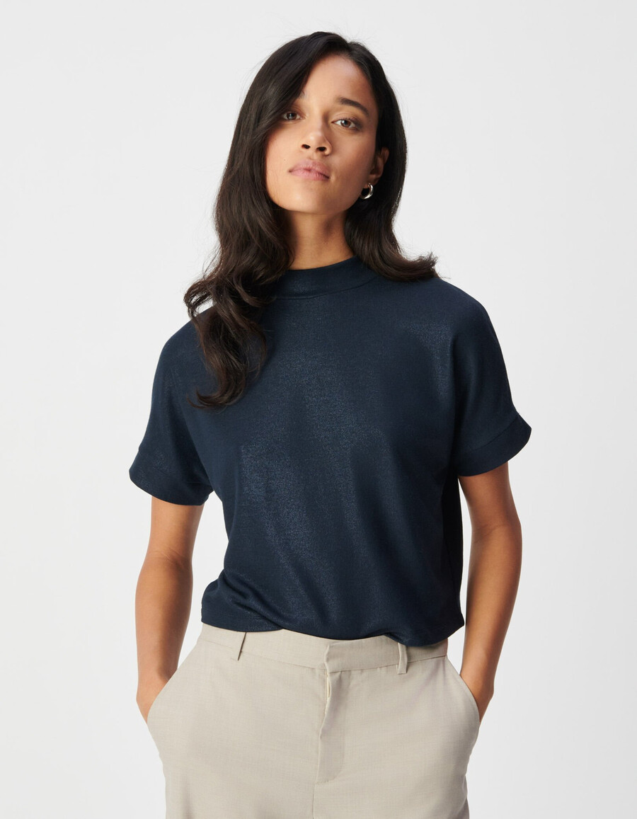 damen-t-shirt mit pailletten in marineblau kurzarm