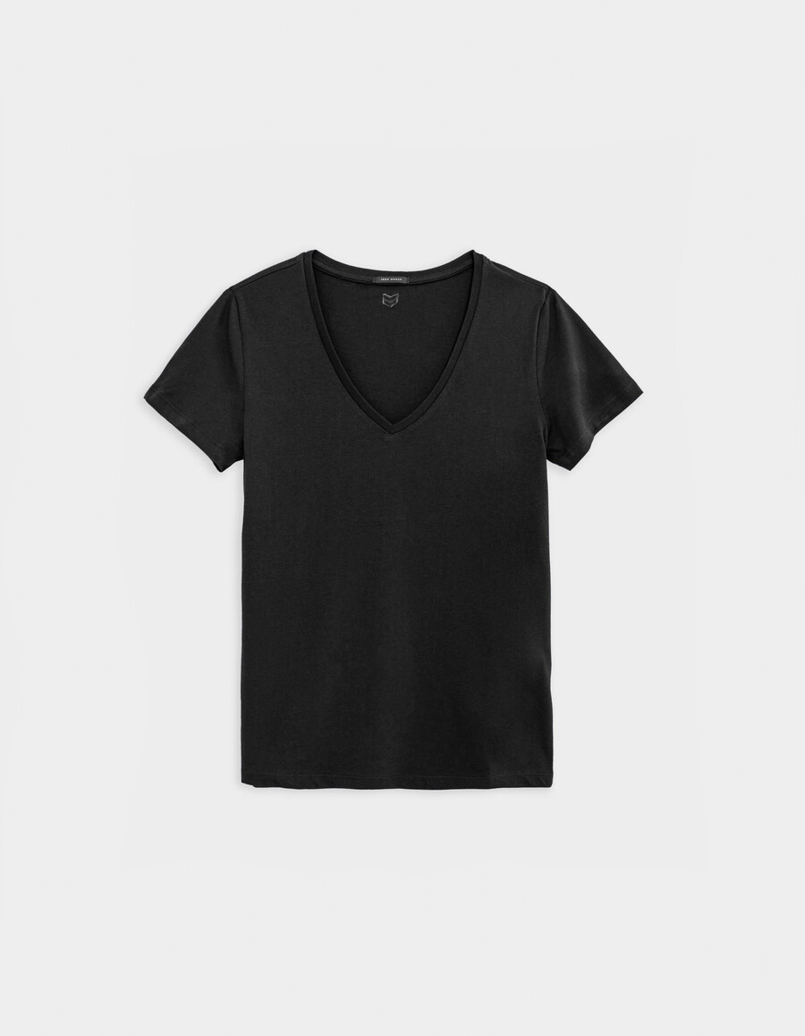 schwarzes damen-t-shirt mit v-ausschnitt und chevron-stickerei am rücken