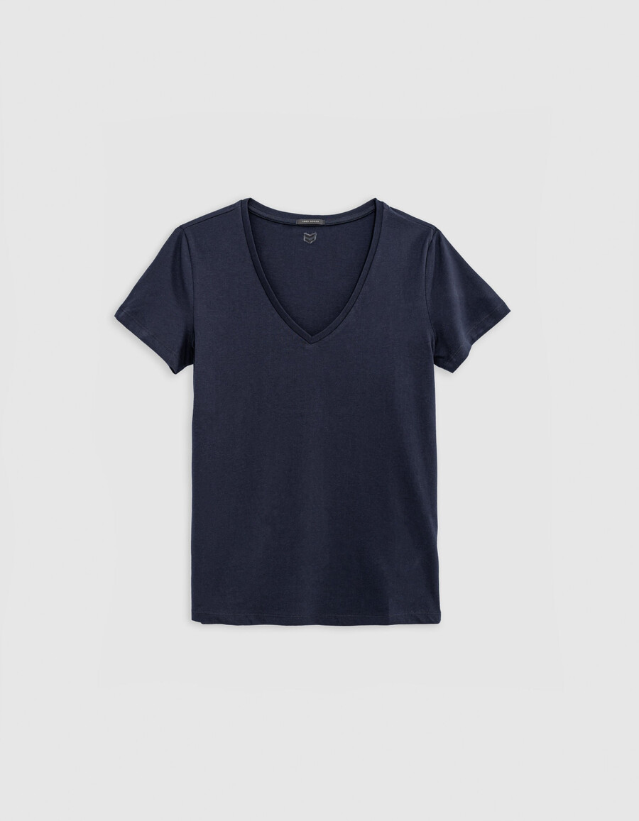 damen-t-shirt mit v-ausschnitt und chevron-stickerei im marineblau