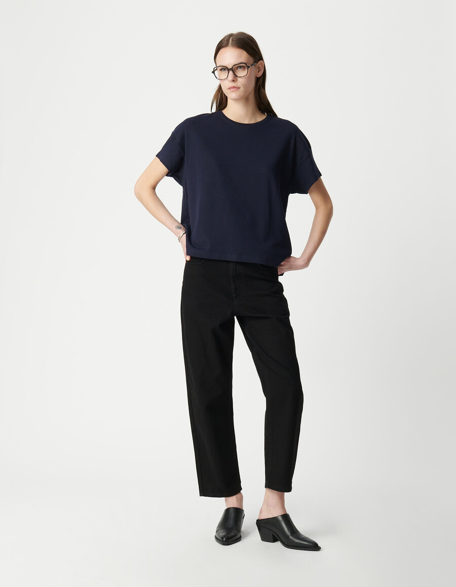 damen-t-shirt mit chevron-stickerei am rücken und rundhalsausschnitt in marineblau
