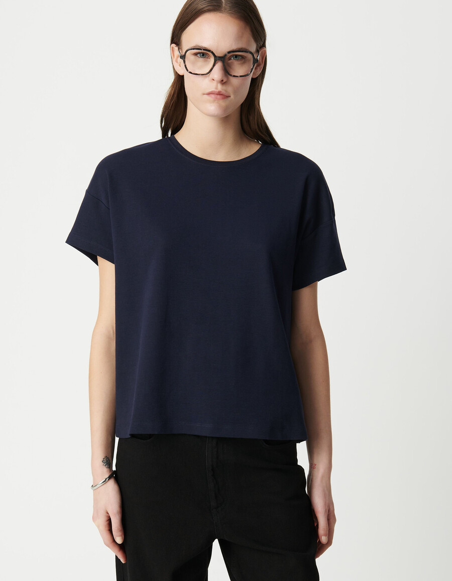 damen-t-shirt mit chevron-stickerei am rücken und rundhalsausschnitt in marineblau