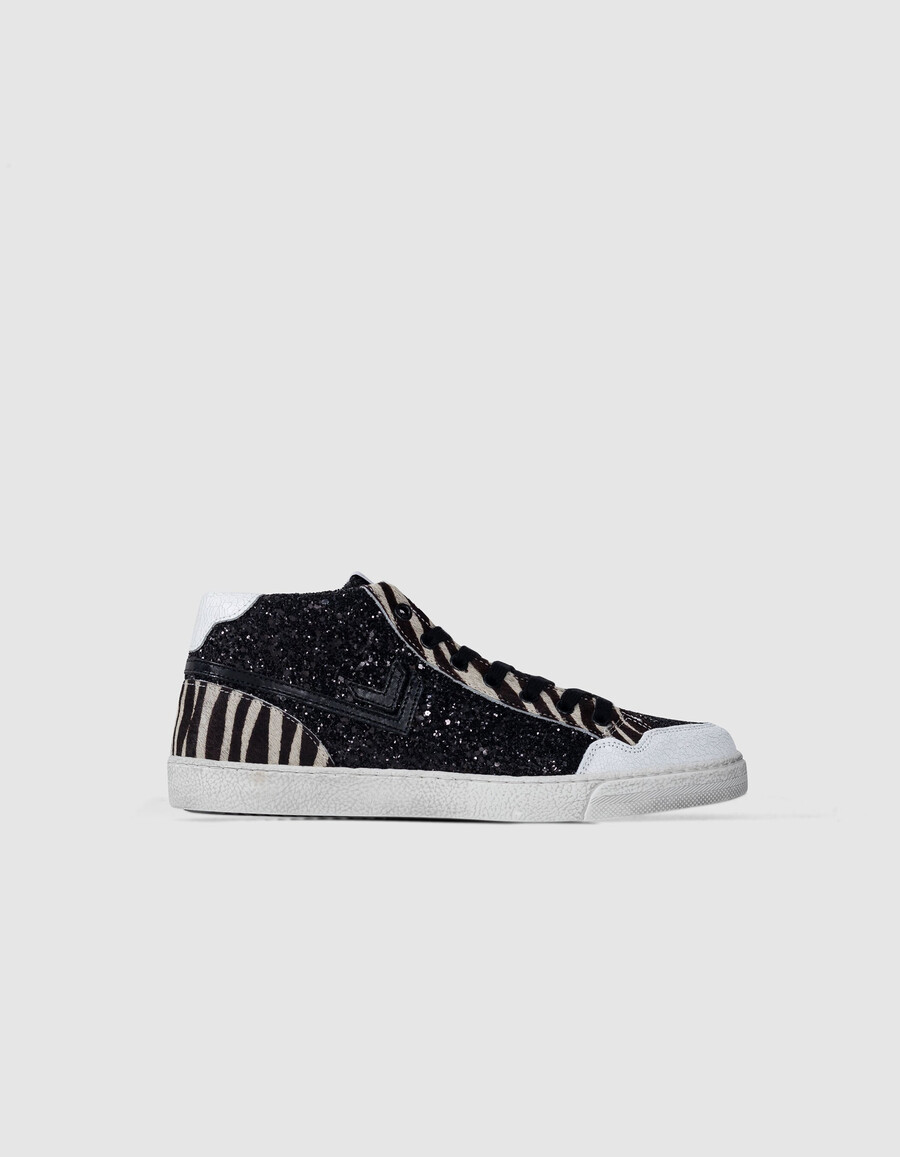 schwarze damen-sneaker mit mikro-pailletten und zebra-leder