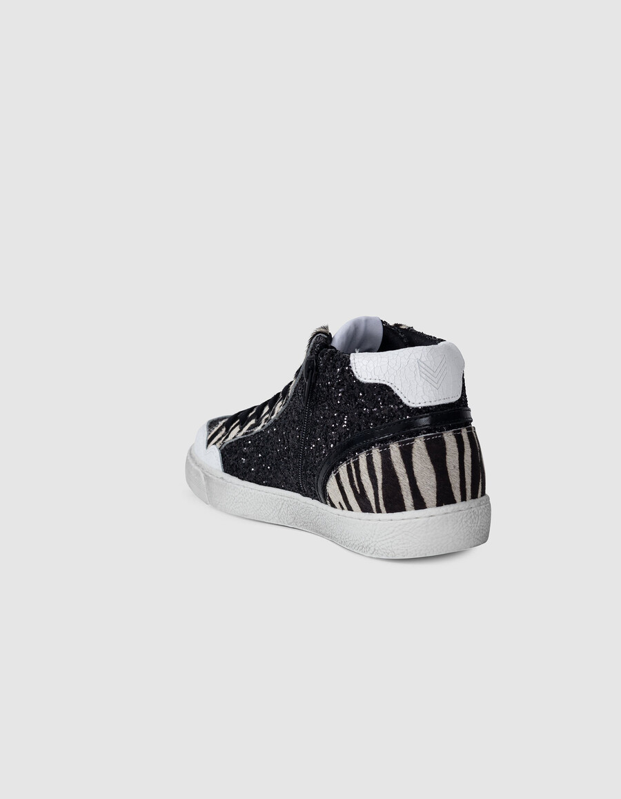 schwarze damen-sneaker mit mikro-pailletten und zebra-leder