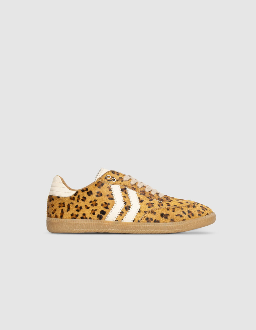 damen-sneaker aus leder mit leopardenmuster in kamel-optik und ponyfell-optik