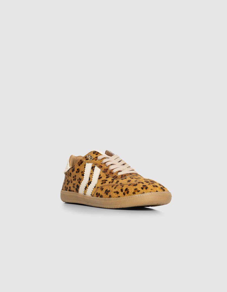 damen-sneaker aus leder mit leopardenmuster in kamel-optik und ponyfell-optik