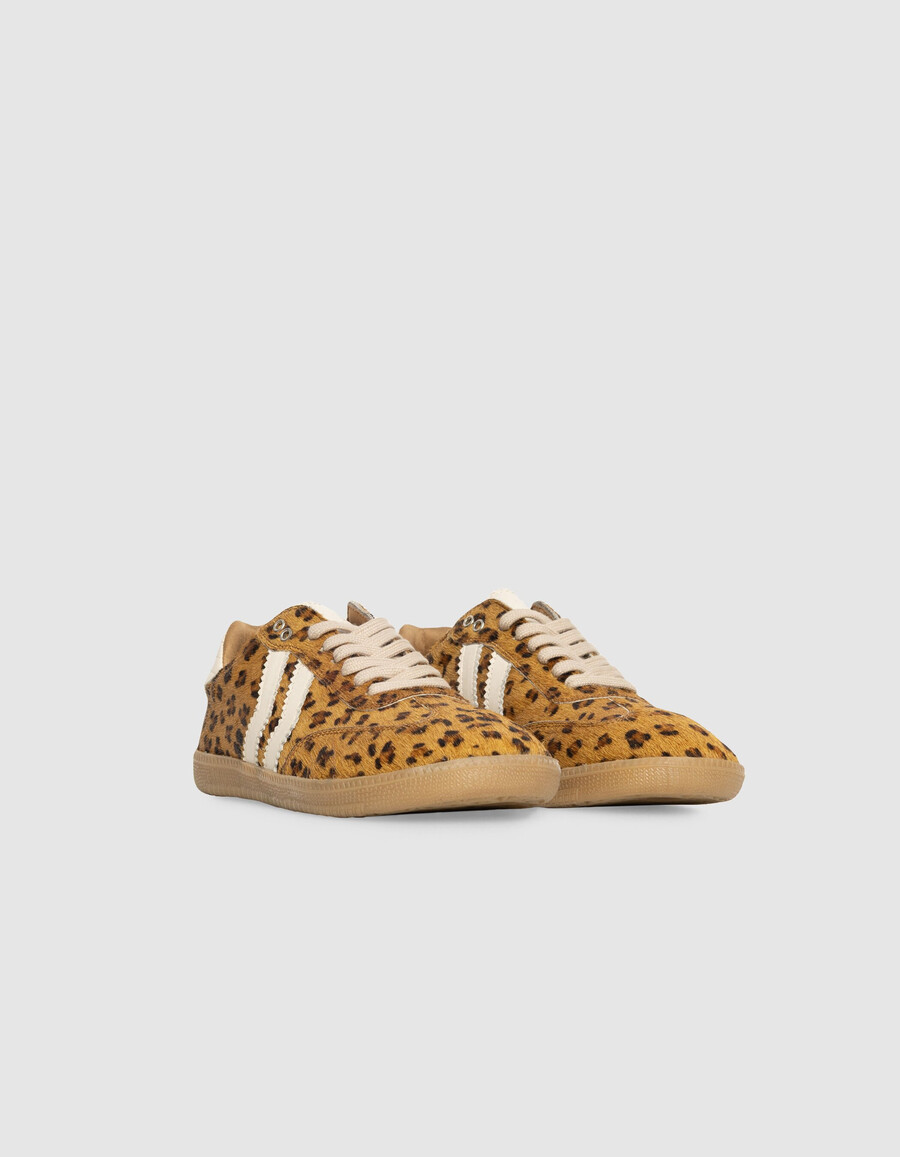 damen-sneaker aus leder mit leopardenmuster in kamel-optik und ponyfell-optik