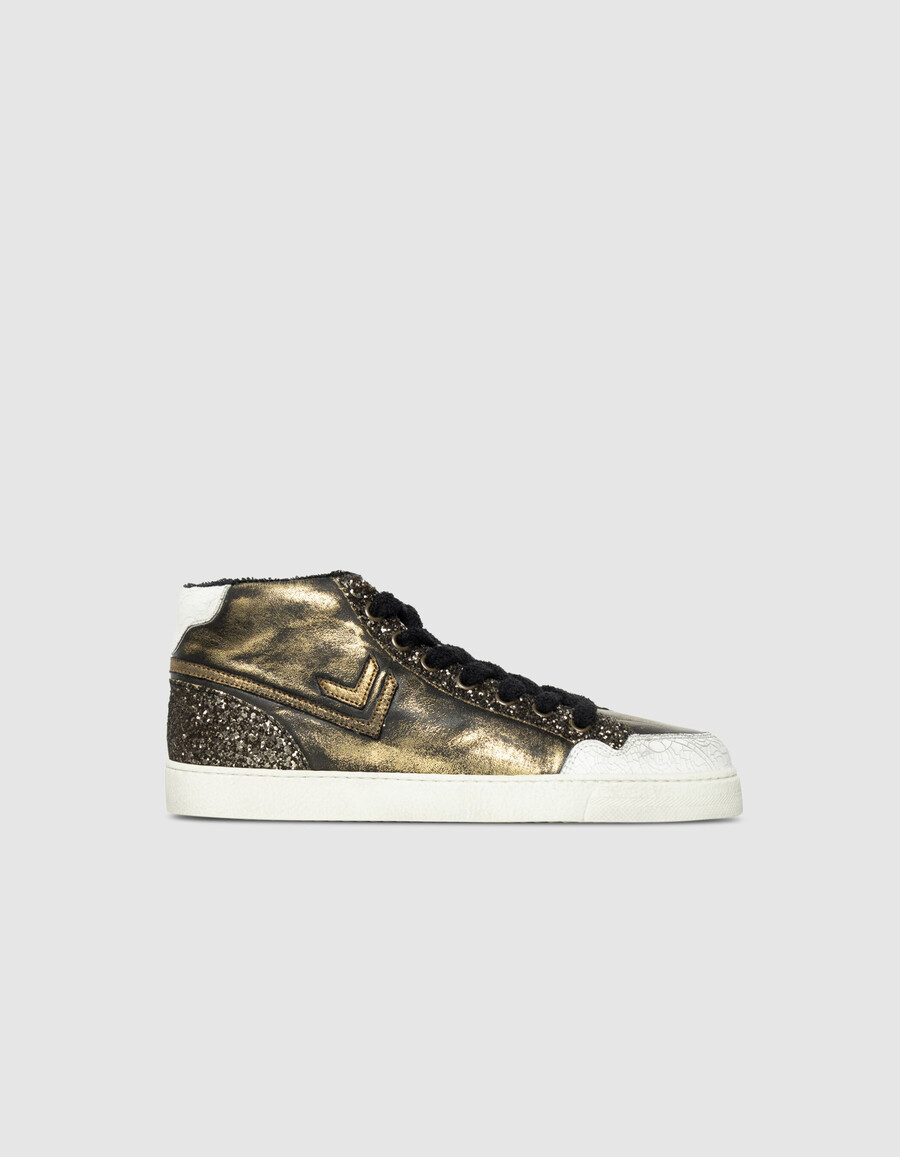 damen-sneaker aus khakifarbenem metallic-leder mit glitzer-high-top-design