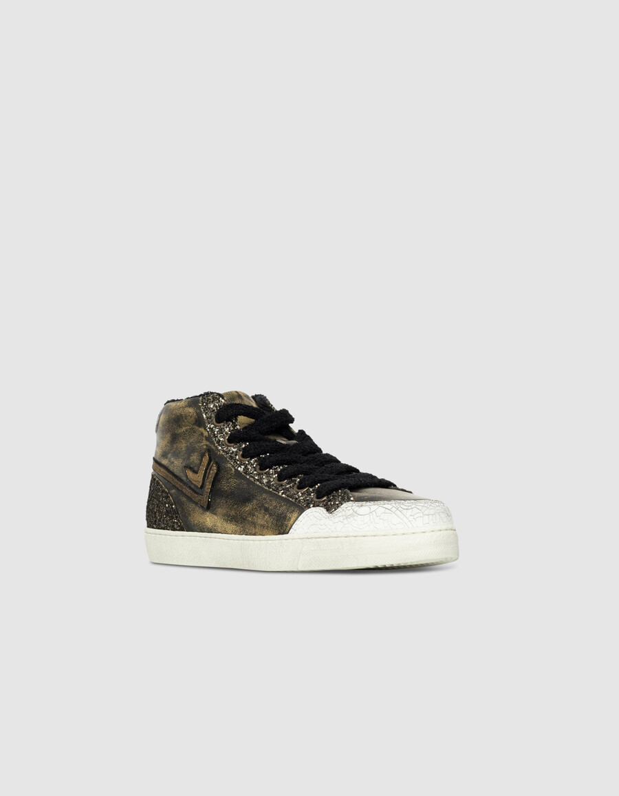 damen-sneaker aus khakifarbenem metallic-leder mit glitzer-high-top-design
