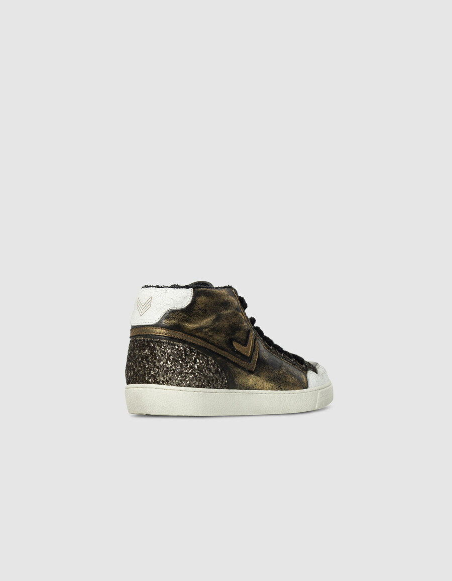 damen-sneaker aus khakifarbenem metallic-leder mit glitzer-high-top-design