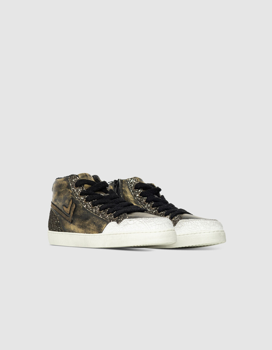 damen-sneaker aus khakifarbenem metallic-leder mit glitzer-high-top-design