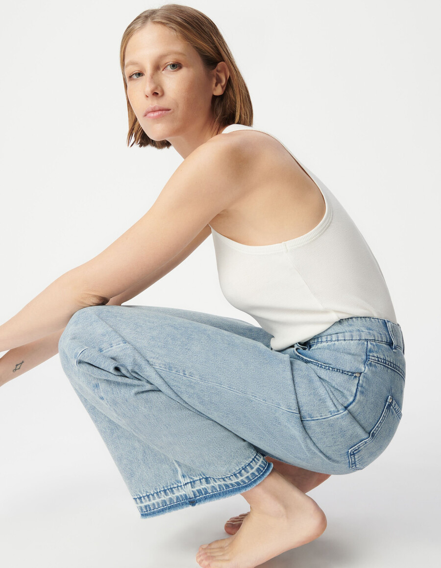 damen-jeans mit hohem bund und weitem bein blau