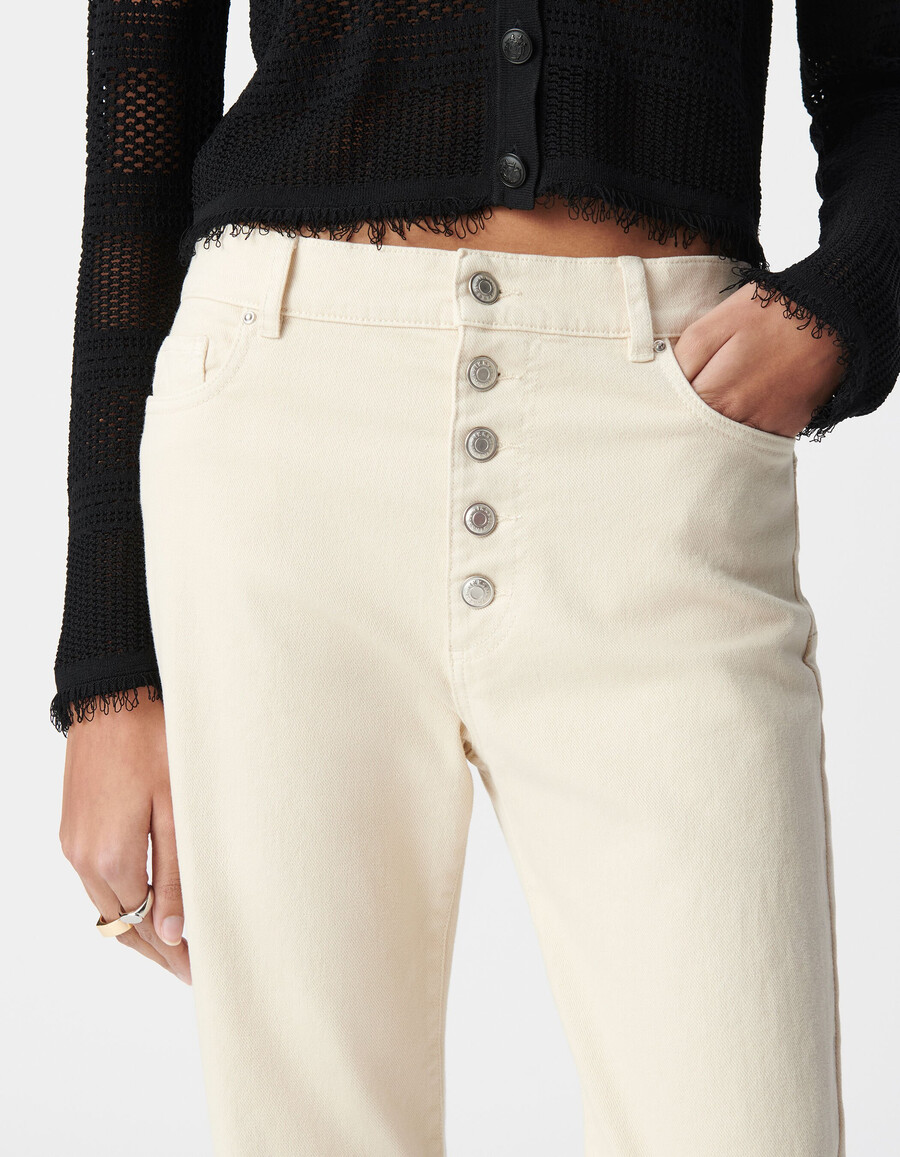 beige schlagjeans für damen wasserlos sichtbare knöpfe