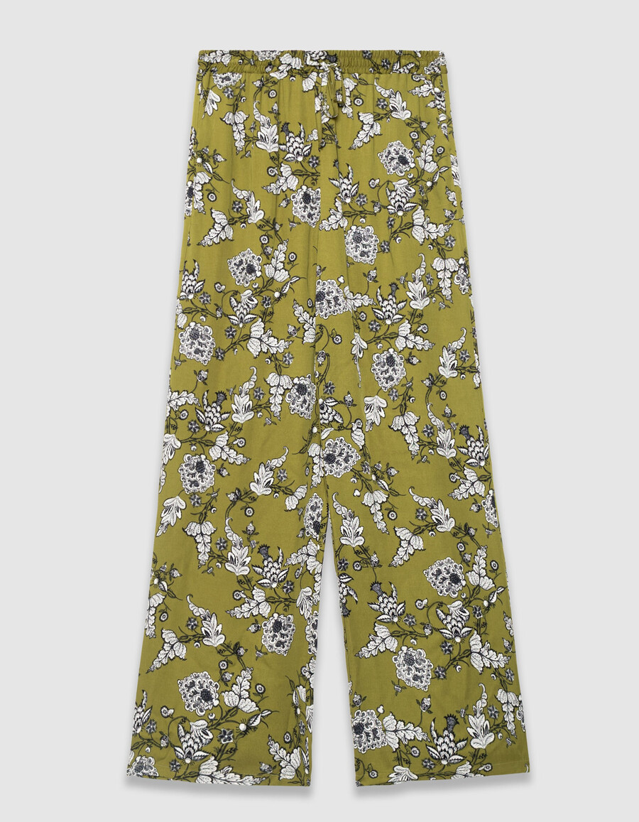 grüne damenhose mit weitem bein und blumenmuster